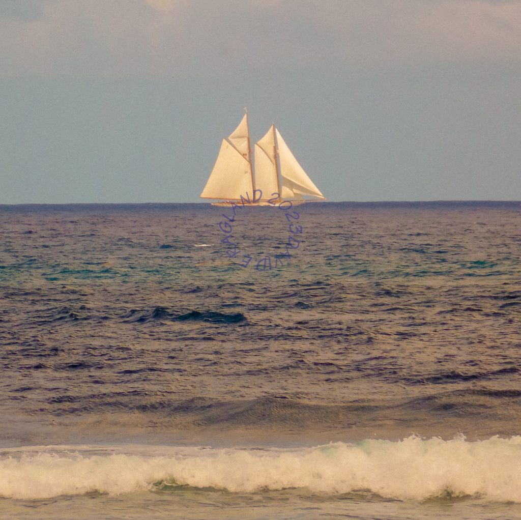 A fully rigged ship sailing by neat the beach.